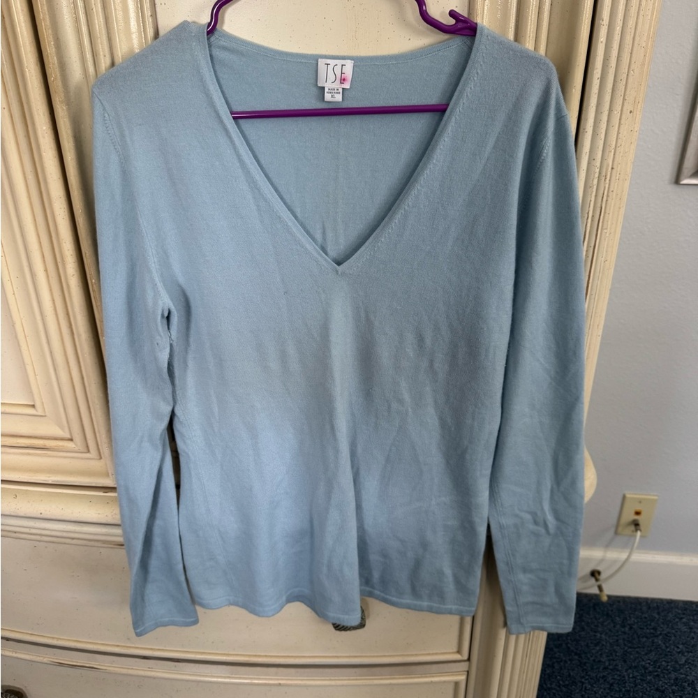 TSE Blue Fitted V-Neck Sweater